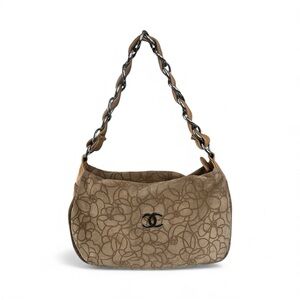 CHANEL 2004-2005 CC Suede Camellia Hobo Shoulder Bag